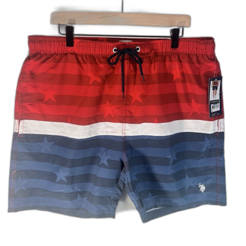 US Polo Assn Stars & Stripes Red White and Blue Swim Trunks Men's XL